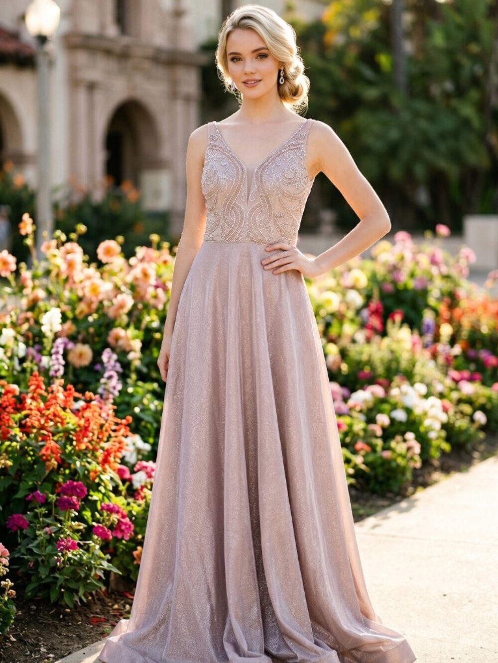 New Rose Gold Elegant Long A-Line Festive Dress w/ Rhinestones Embroidery JT 699